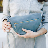 Leather Bum Bag Strap - Ice Blue w Gold Fittings