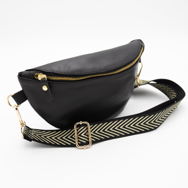 Black Leather Bum Bag (w Gold Fittings)