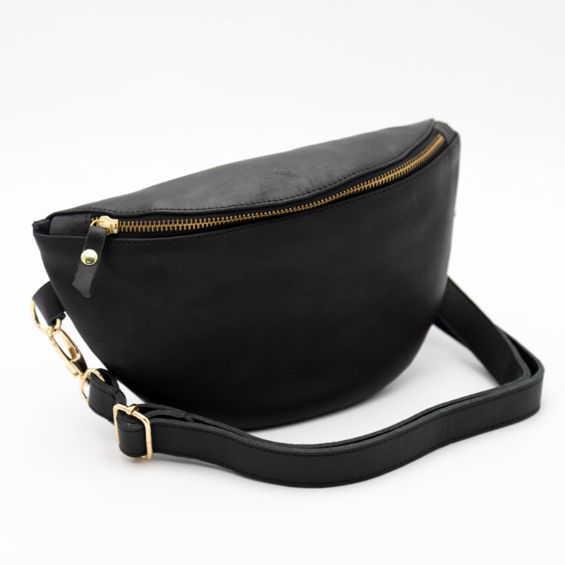 Woman On The Move Black Leather Bum Bag w Gold Fittings